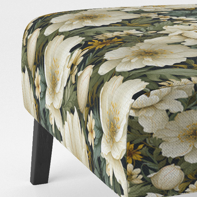 Fauteuil de chambre rembourré blanc et vert avec motif botanique II