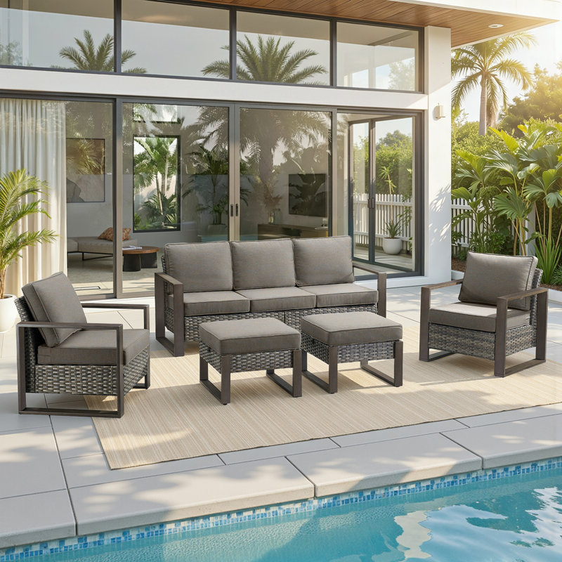 Allcot Wicker 5 - Person Patio Conversation Set with Cushions, Gray