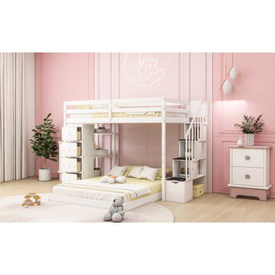 Lit superposé simple au-dessus d'un lit double en blanc - Maximisez l'efficacité de la pièce avec des tablettes, des tiroirs et des escaliers à 3 couches