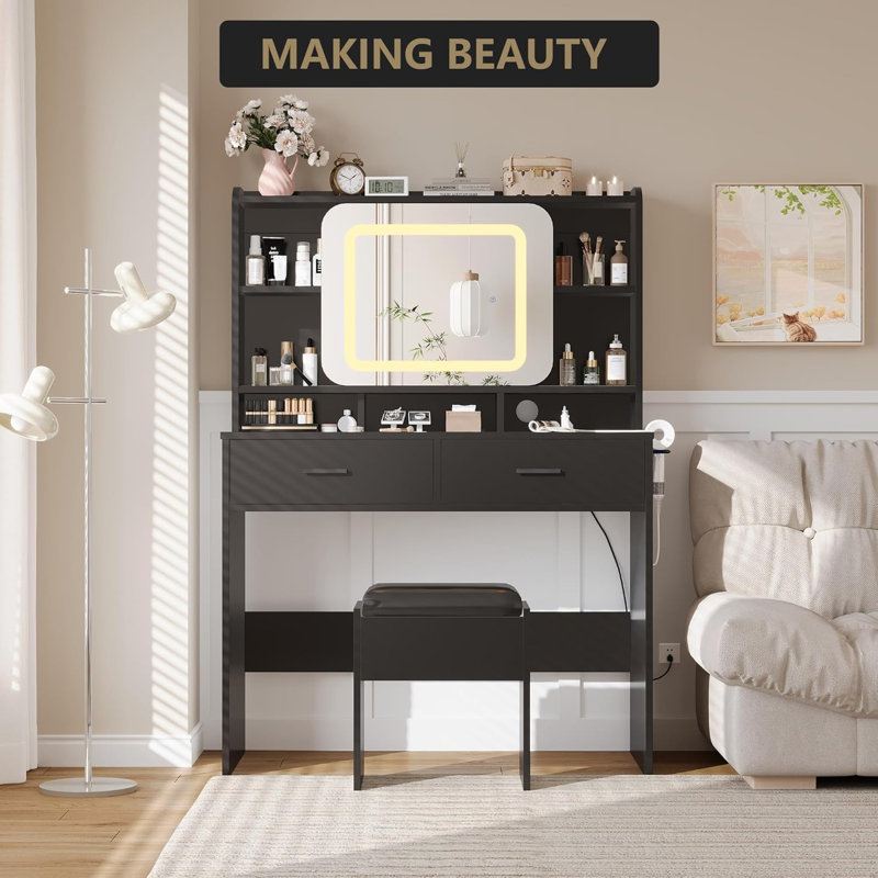Coiffeuse de maquillage moderne avec miroir à DEL, prises USB, 2 tiroirs et tabouret, Noir