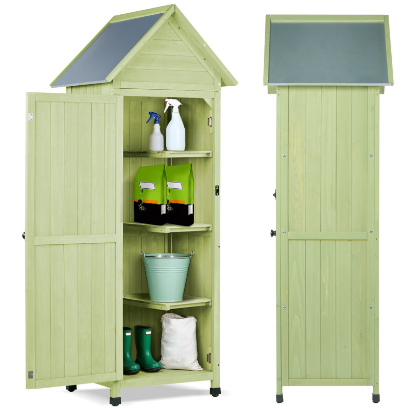  FTCBNet Sold Wood Outdoor Storage Shed,Tall Vertical Garden Tool Cabinet with Waterproof Metal Roof & Adjustable Feet, Perfect for Yard, Patio, Lawn & Deck (22" x 26" x 67")