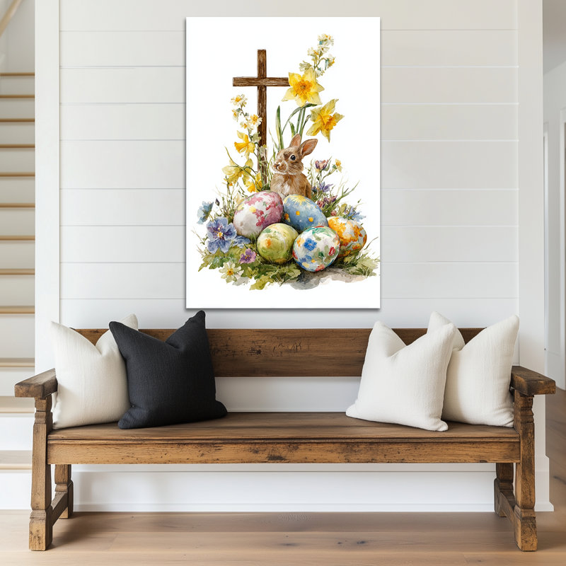  Lapin de Pâques, art mural - toile, printemps, images avec jonquilles, croix, peinture de lapin pour la décoration intérieure, œuvre d'art sur toile tendue, 20 po x 30 po