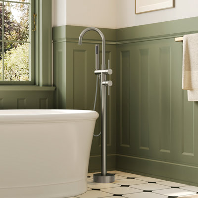 Reinforced Tub Faucet with 360° Swivel Spout, Upgraded One-piece Copper Pipe Floor-Mount Bathtub Faucet Set with Handheld, 2-Handle Modern Freestanding Soaking Tub Filler