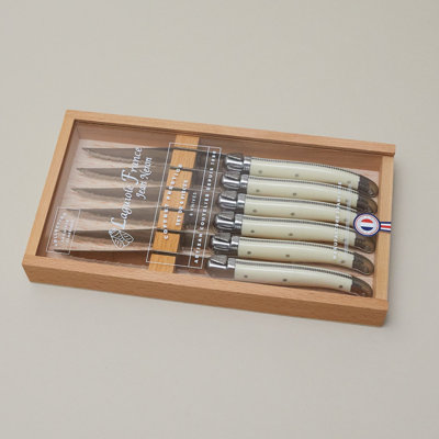 Ensemble de couteaux à steak Laguiole 6 pièces, ivoire Platine dans une boîte en bois avec couvercle en acrylique