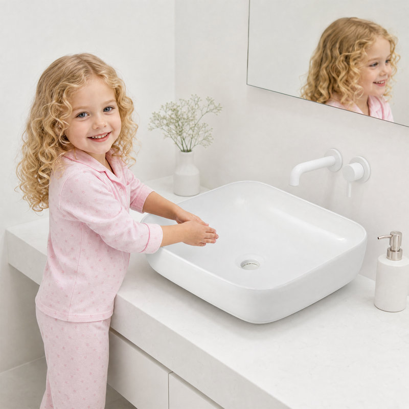 50 x 40 x 14 cm Ceramic Countertop Basin, Square Thin Rim Washbasin with Rounded Corners and Smooth Glazed Finish, Modern Bathroom Basin for Vanity and Powder Room, White
