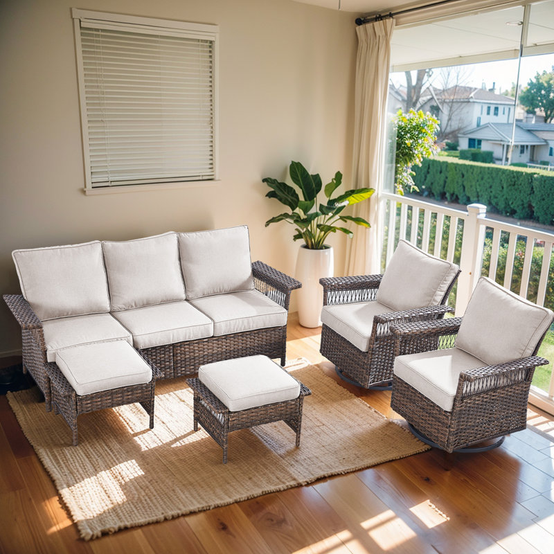 Tapash Outdoor Rattan Furniture Set - Stylish 3-Seat Wicker Sofa, 2 Swivel Glider Chairs With Cushions & 2 Comfortable Ottomans - Perfect For Patio, Garden, And Backyard Relaxation