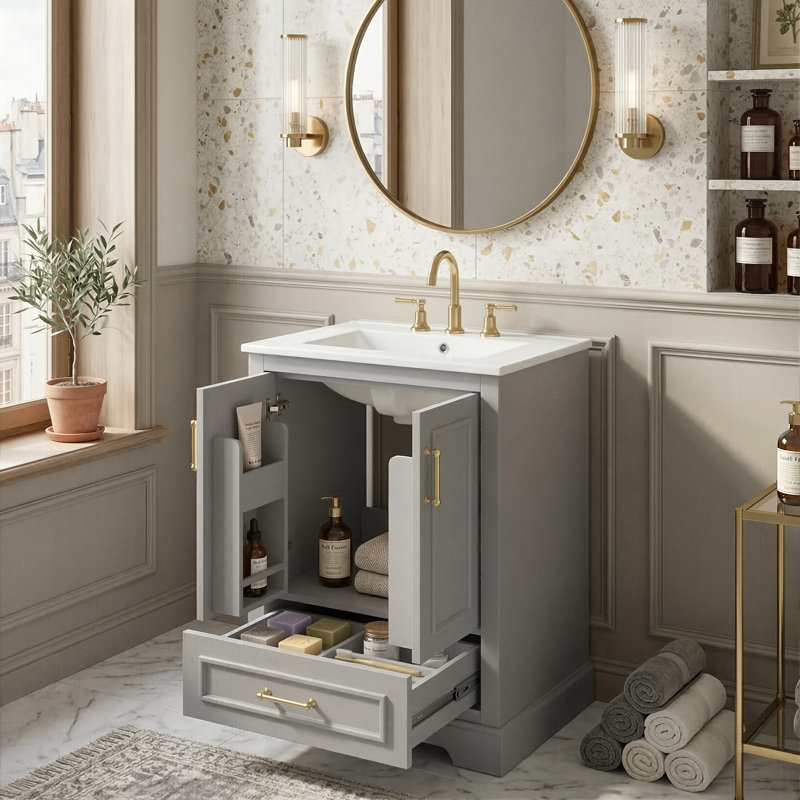 Meuble-lavabo autoportant 24 po avec lavabo en céramique, armoire moderne avec tiroir divisé et porte de rangement double couche