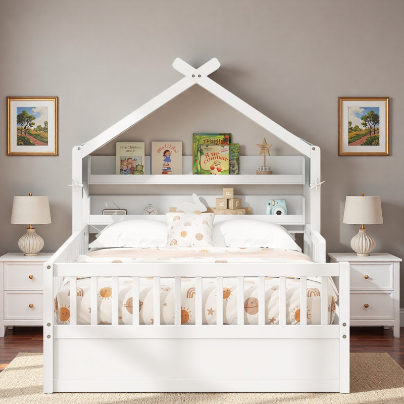 Lit maison en bois avec tablettes de tête de lit, Twin, White