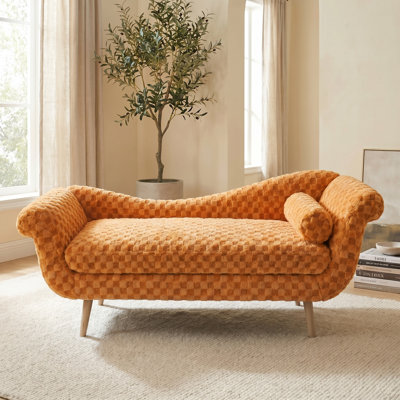 68.3" Polyester Indoor Chaise Lounge, Rolled-arm Lounge Chair with Pillow, Orange