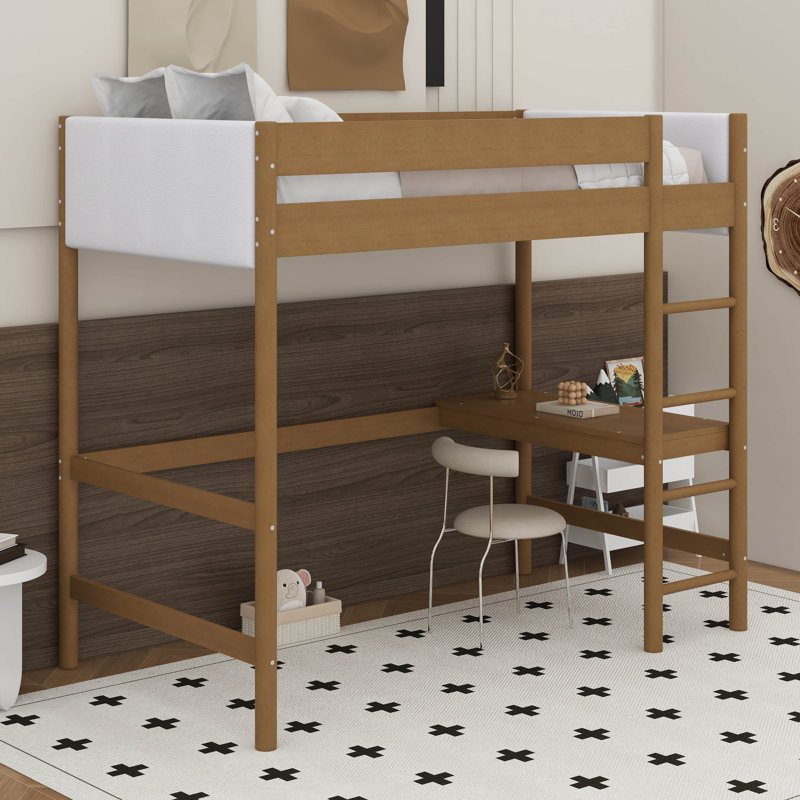 Lit mezzanine simple avec bureau, tête de lit et pied de lit rembourrés Boucle avec échelle, garde-corps de sécurité, lit mezzanine en bois d'hévéa