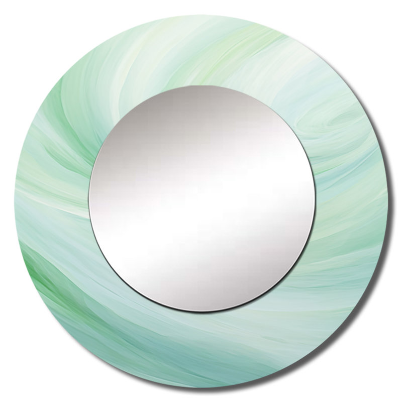 «Green Whispering Wave Spiral», miroir mural décoratif à spirales abstraites, miroir rond moderne, impression d'art en métal