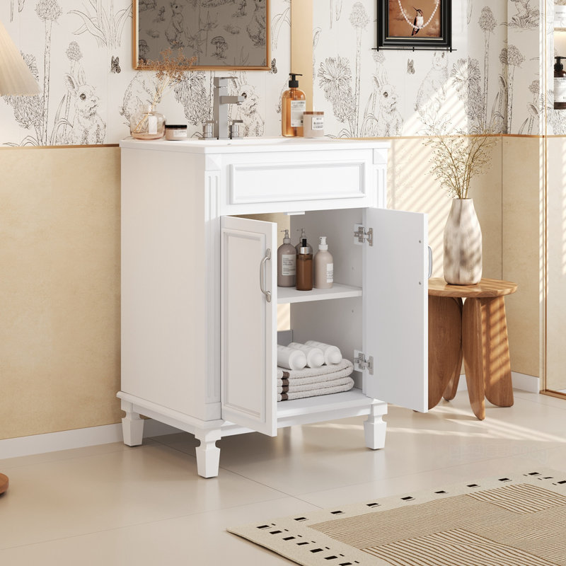 Meuble-lavabo de salle de bain avec lavabo en céramique, 2 portes à fermeture douce et tablette réglable, Blanc