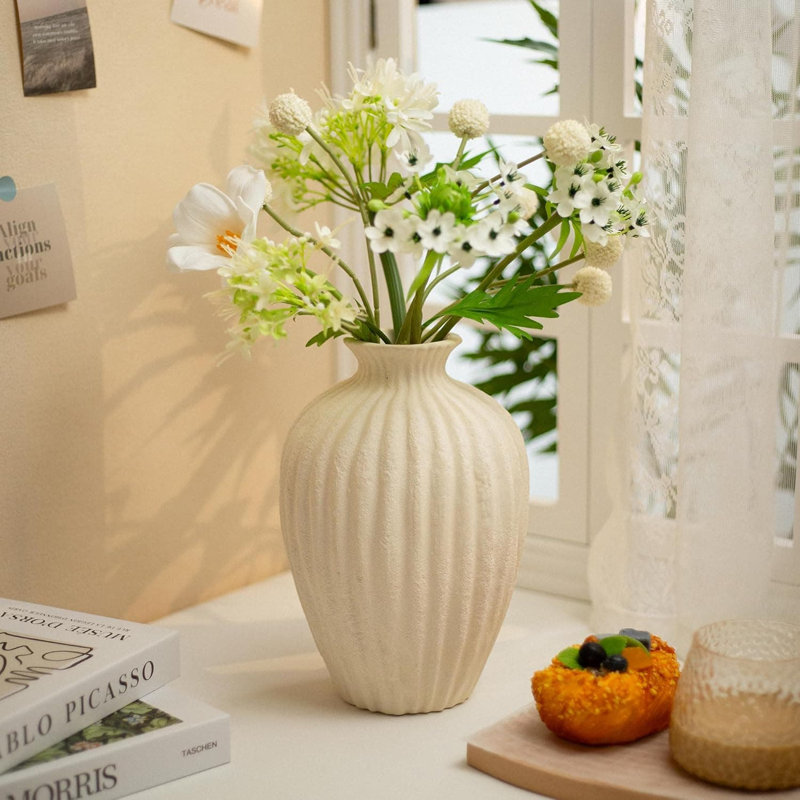 Vase en céramique fait à la main avec finition en pierre rustique vieillie, vase décoratif rond de 10,4 pouces pour décor de maison de campagne, moderne et bohémien