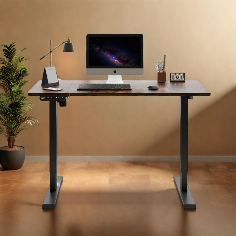 Electric Height Adjustable Standing Desk for Home Office and Gaming, Modern Luxury 48" Lift-Up Desk, Black, Brown