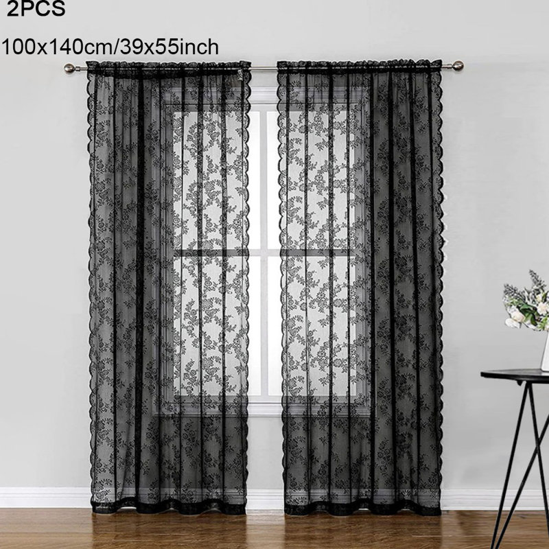 2Pcs Blacklace Flower Romantic Curtains 39X39inch/39X55inch/39X79inch, 39" W x 55" L