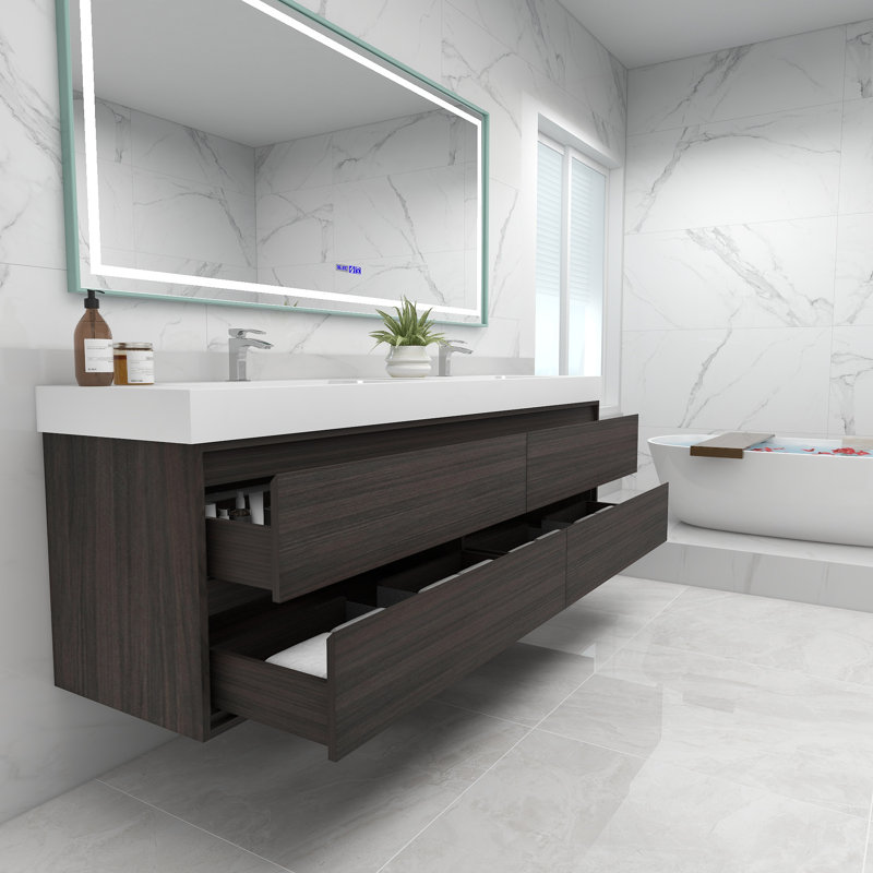 84'' Double Bathroom Vanity with Acrylic Top, Gray Oak