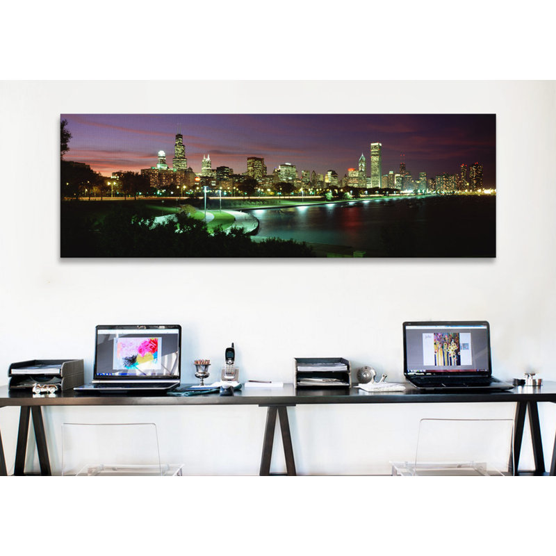 « night horizon chicago illinois », reproduction de photo sur toile, H 24 po x l 72 po x P 1,5 po, Toile tendue