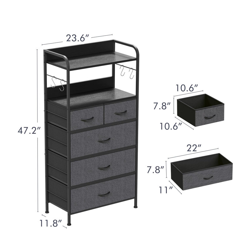 Commode 5 tiroirs pour chambre à coucher, commode avec tablette, Gris
