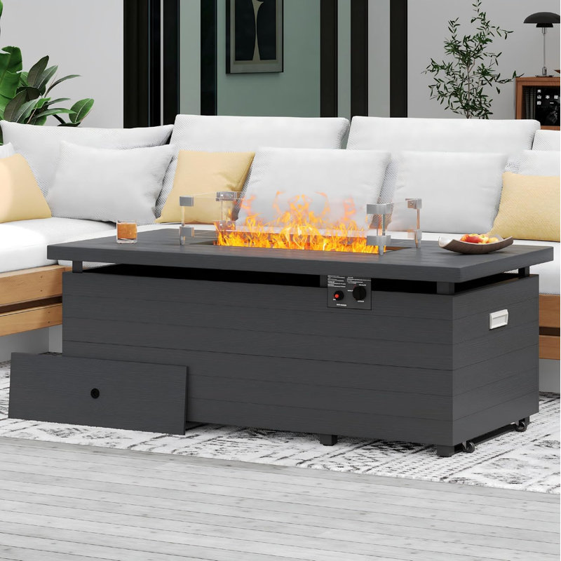 21" H X 51" W Metal Propane Outdoor Fire Pit Table With Lid, Glass Wind Guard, 50,000 BTU Propane Fire Pit Table, Gray