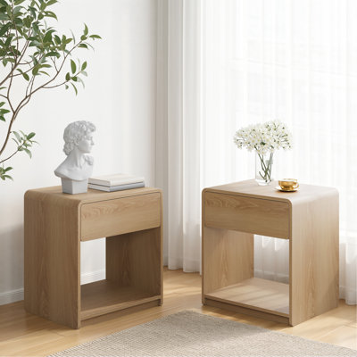 Ensemble de table de chevet de style Mid-Century moderne, 2 pièces, avec tiroirs de rangement et tablettes ouvertes, table de chevet de chambre à coucher aux coins arrondis, ensemble de table de chevet compact, couleur chêne
