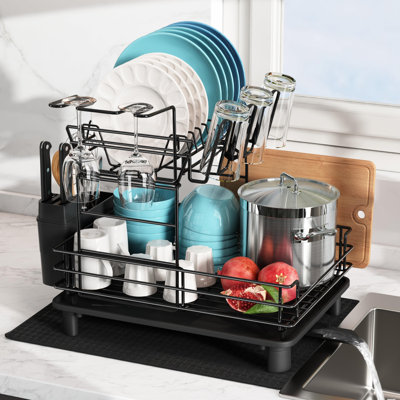 Multi-Functional Two Tier Dish Drying Rack, Stainless Steel, Black - Upgrade, Space Saving Design -  NIERBO, C8135070