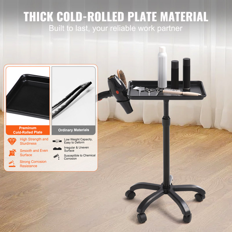 Black Adjustable Rolling Salon Tray Cart with Cold-Rolled Plate