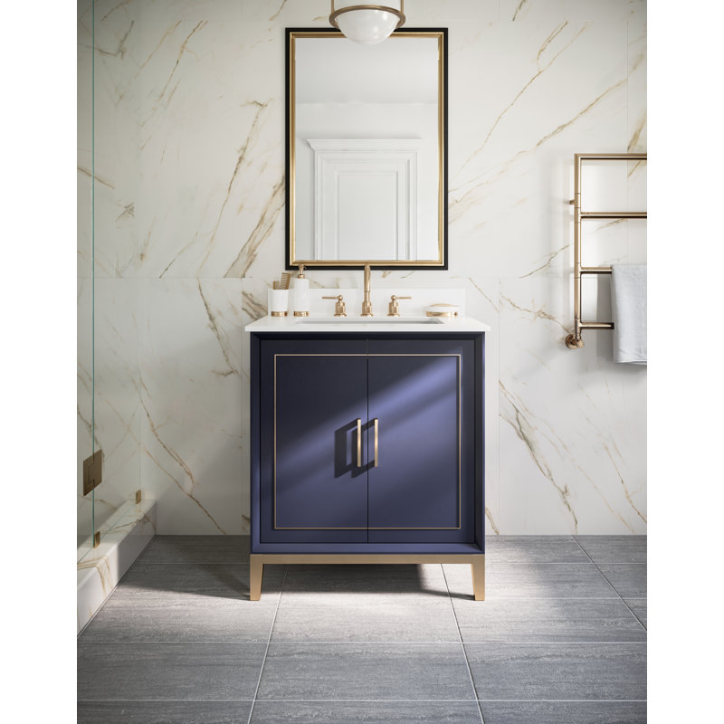 Gracie 30'' W Single Vanity, Pacific Blue, Satin Brass, White Quartz