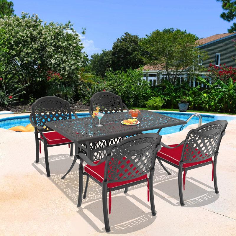 5-Piece 58.27"L Rectangular Patio Dining Set with Umbrella Hole, 4 Stackable Chairs, Red Cushions, 4