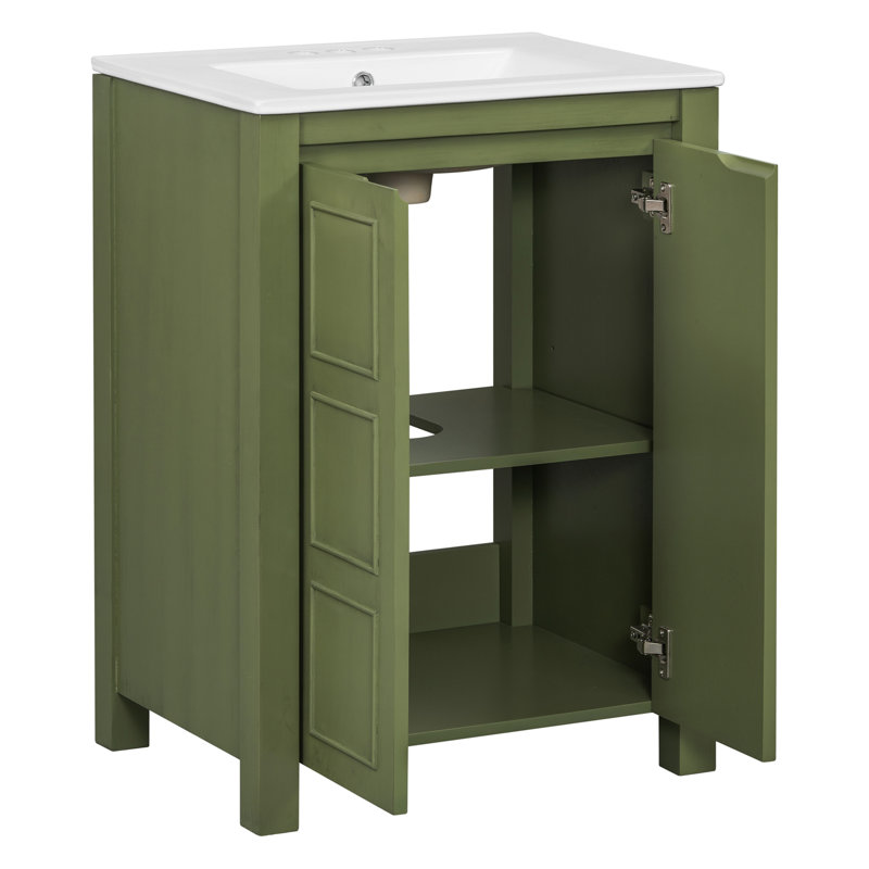 Petit meuble-lavabo de style vintage 24 po avec lavabo en céramique, 2 portes à fermeture douce, tablette réglable