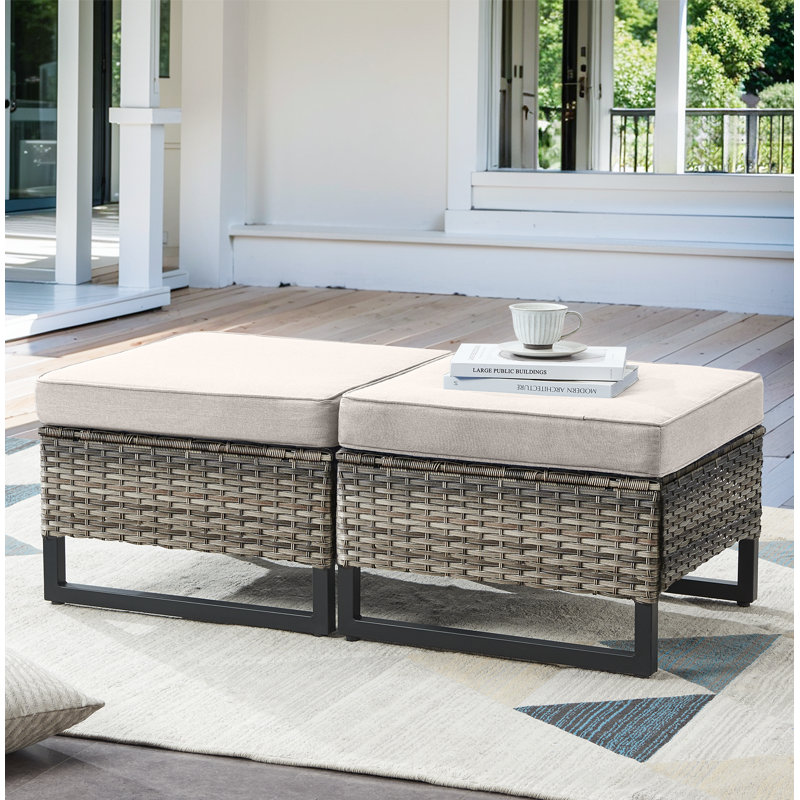 Repose-pieds d'extérieur en osier avec coussins en oléfine Naresa, Gris, Beige