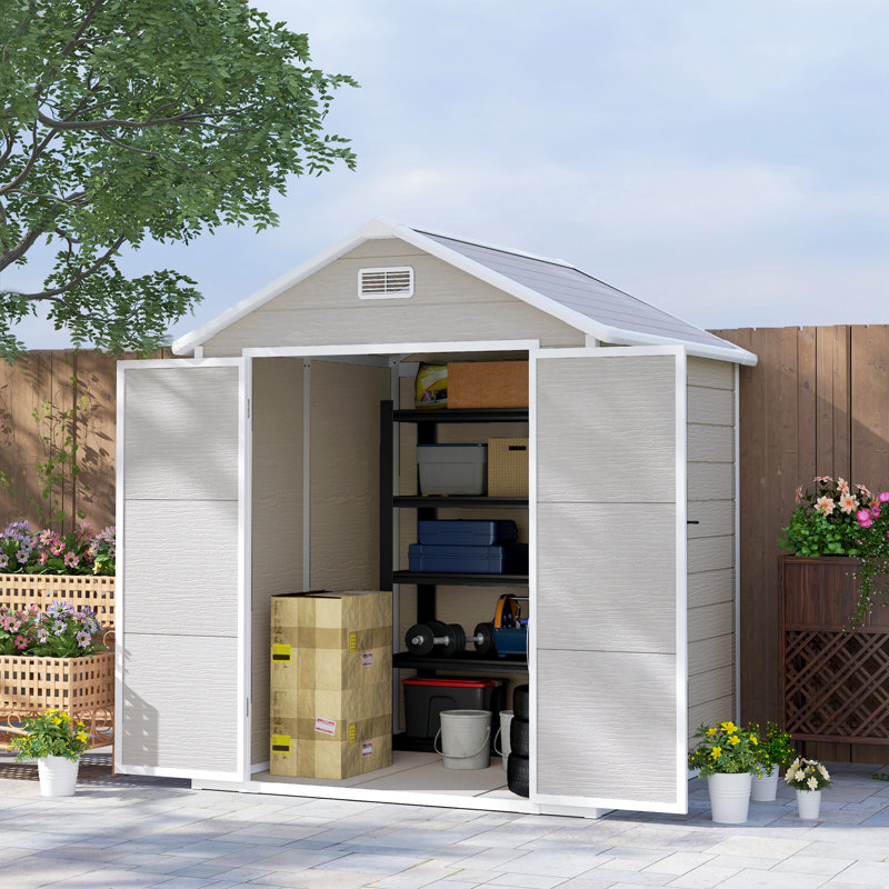 Garden 6 ft. W 5 ft. D PP Resin, Aluminium Reverse Apex Storage Shed, Light Grey