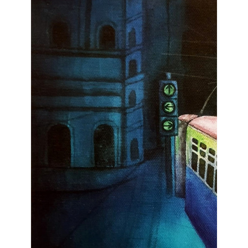 «Kolkata debout train dans la nuit», peinture acrylique sur toile par Payel Mitra