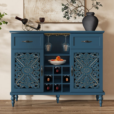 47.2" W Coffee Bar Wine Cabinet With Wine Rack Buffet Sideboard with Carved Doors & Drawers, Adjustable Shelves, Multi-Purpose Home Bar & Liquor Bar W by Latitude Run