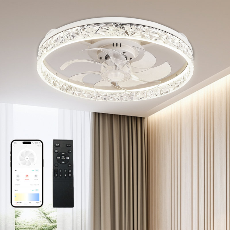 Ventilateur de plafond blanc moderne de 20 po avec lumière et télécommande, moteur à courant continu à 6 vitesses, 3 ampoules à DEL à intensité variable, profil bas