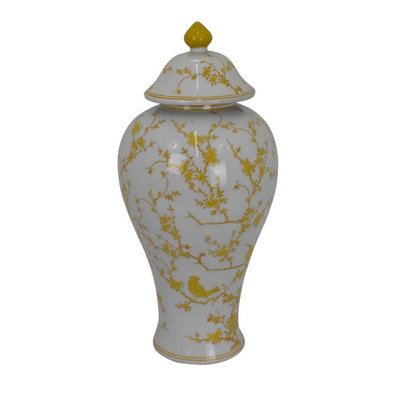 Chris Lidded Accent Jar, Yellow Bird And Floral, White Ceramic 20 Inch