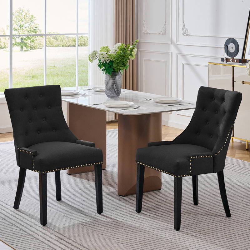 Linen Upholstered Solid Wood Dining Chairs (Set Of 2), Black, Black