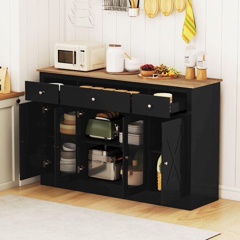 55'' Large Buffet Sideboard w/ 3 Drawers 2 See-through Doors Adjustable Shelves, Black