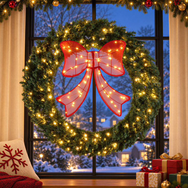 Couronne de Noël à DEL avec grand nœud rouge, 48 po