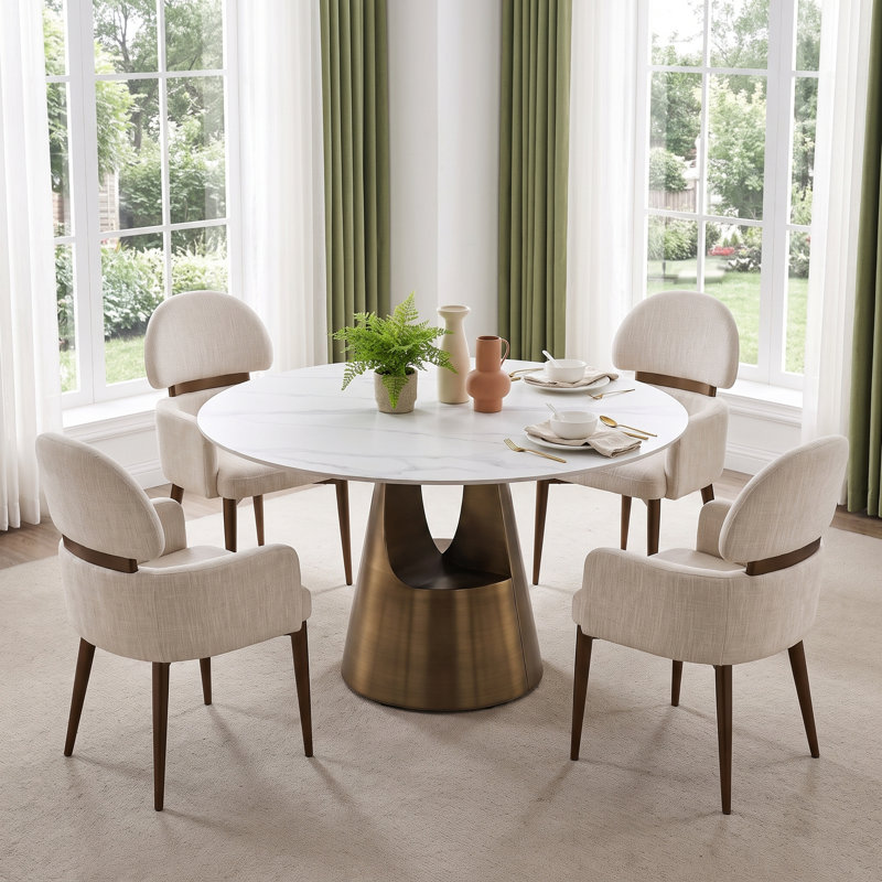 Ensemble de table de salle à manger ronde en pierre frittée de 47 pouces avec 4 fauteuils rembourrés de couleur crème