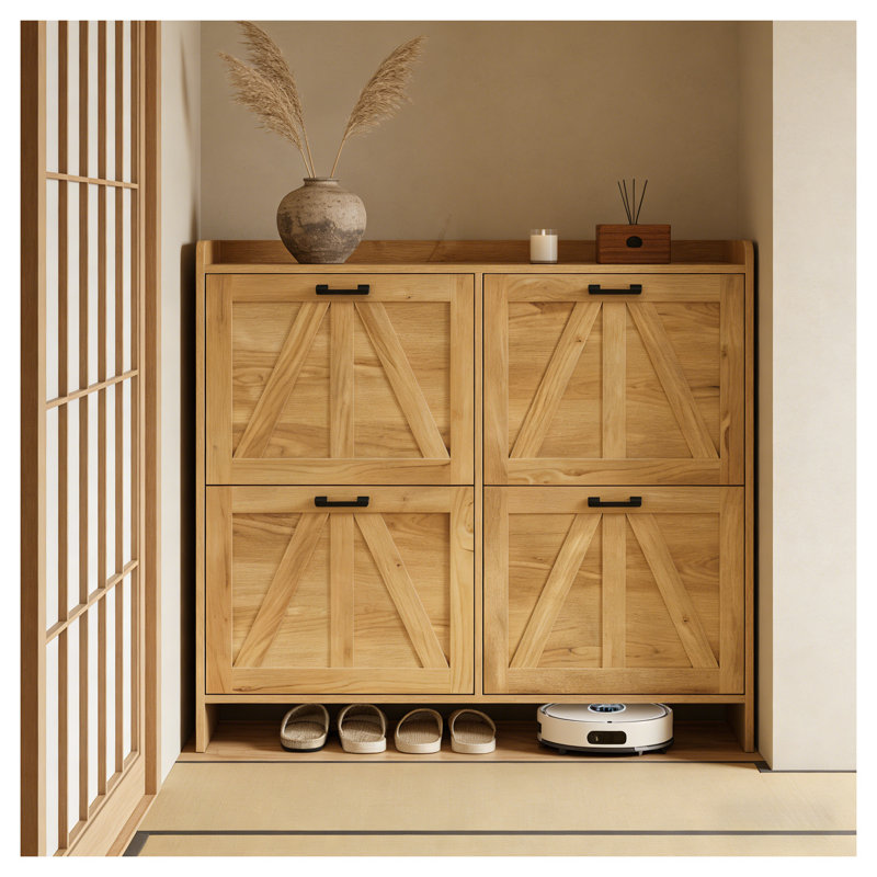Armoire à chaussures rustique en chêne clair avec 4 tiroirs rabattables - Organisateur de vestibule peu encombrant pour le salon et le couloir
