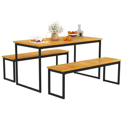 3 Pcs Outdoor Dining Set For 6 W/acacia Wood Tabletop Metal Frame Umbrella Hole by 17 Stories