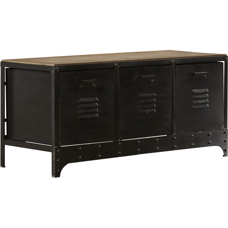 Banc de rangement à profil bas en métal noir avec 3 tiroirs et plateau en bois brun, 39 po x 16 po x 19 po