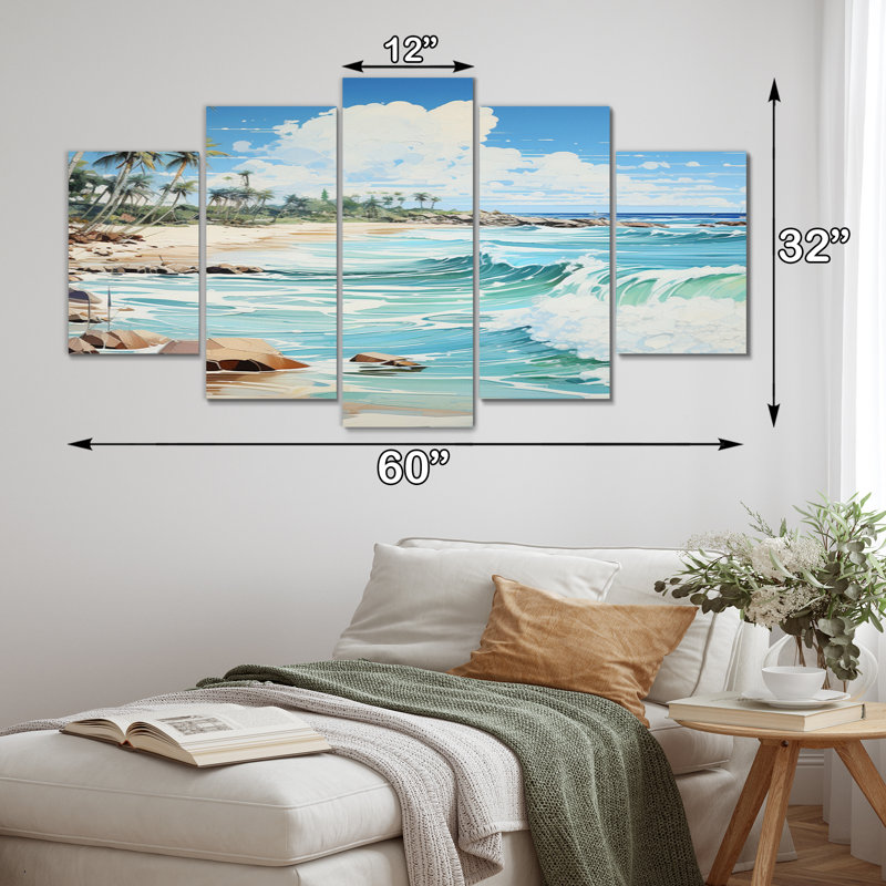 Blue Tropical Serenity II - Nautique et plage, art mural, salon - 5 panneaux