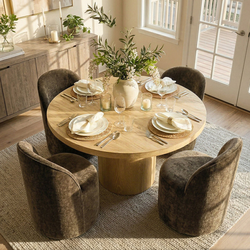 4 - Person Dining Table Sets With Solid Wood Round Table & 4 Upholstered Chenille Chairs, Yellow, Brown