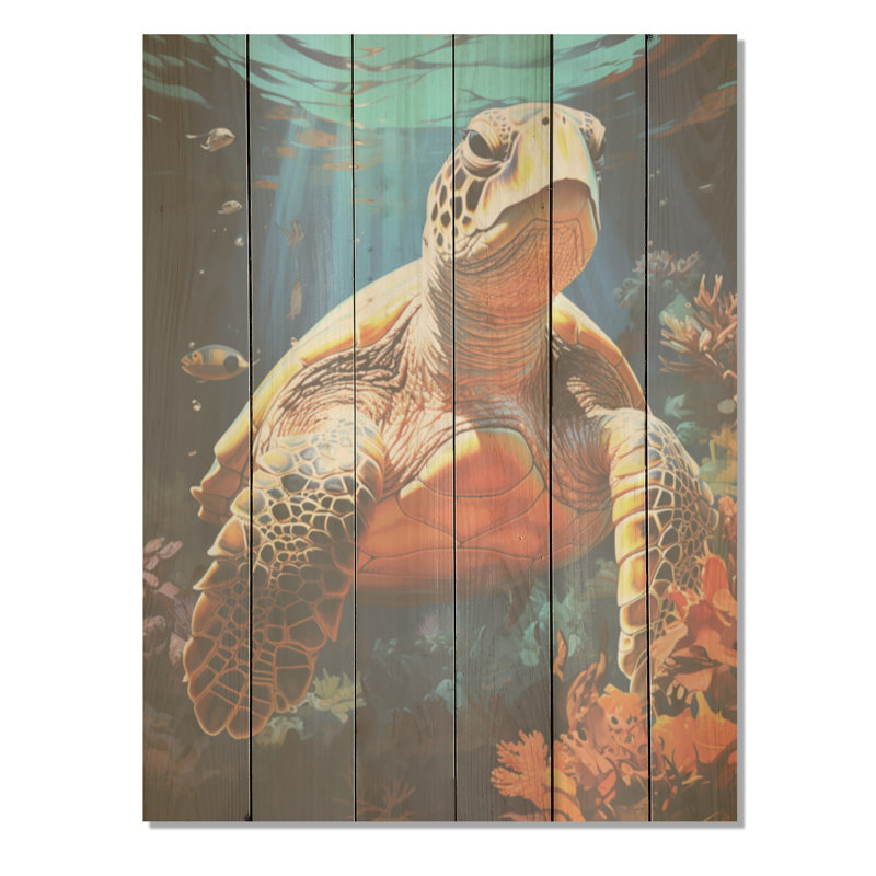 Fantasy Reef - Tortue, art mural sur bois de pin naturel, H 32 po x l 24 po