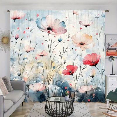 2Pcs rideaux à aquarelle floraux, motif de fleurs sauvages esthétiques, rideaux de fenêtre à passe-tringle, décoration artistique pour la fenêtre d'étude du salon