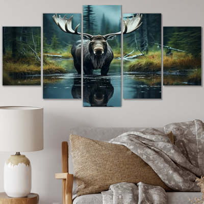 «Green Moose Forest Dusk», art mural salon animaux - 5 panneaux