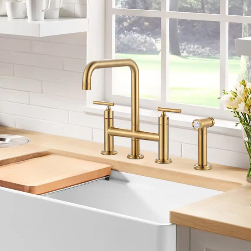 Brass 8" Deck Mount Bridge Kitchen Faucet With Brass Pull Out Side Sprayer, 4-Hole Double Handle Ktichen Faucet, Gold