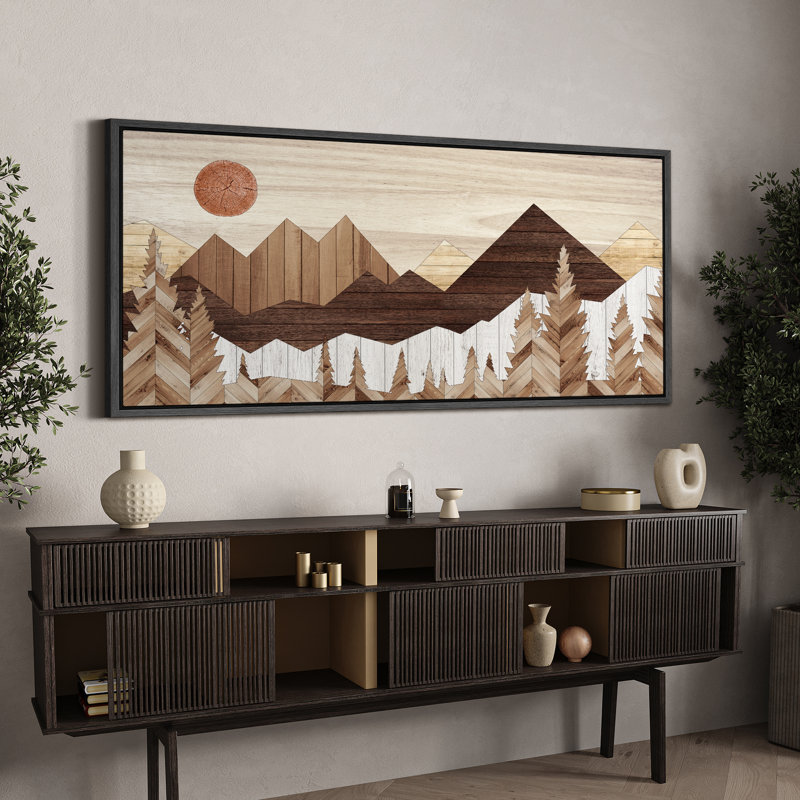 «Western Wood Effect Landscape Rustic Peaks Sunrise Over The Mountains», reproduction d'art sur toile, H 30 po x l 60 po