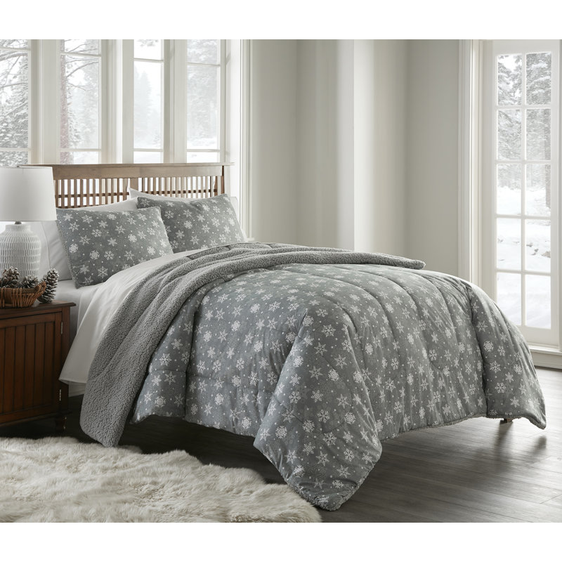 Ensemble d'édredon inversé en sherpa Micro Flannel®, Édredon pour grand lit + 2 taies décoratives, Gris flocon de neige